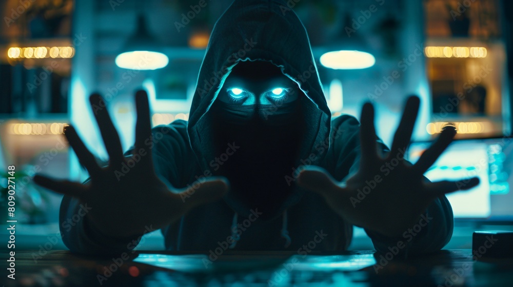 Obraz premium Silhouette of a hacker with glowing eyes reaching through a computer screen, dramatizing a cyber security breach.