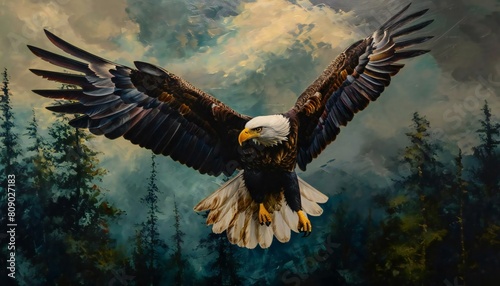 A bald eagle, a bird of prey, seen in close-up detail