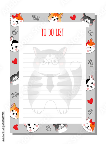 Planner, to do list with face of cats in cartoon style.