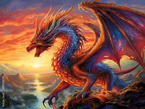 Dragon in the sea at sunset - 3D rendered Illustration.