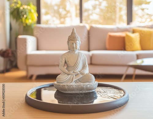 small decorative figure of  Buddha placed on top of a wooden coffee table in a living room next to a couch in a warm afternoon