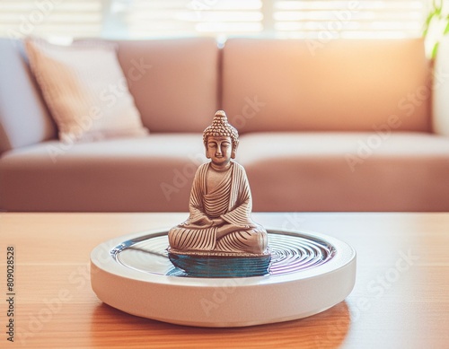 small decorative figure of  Buddha placed on top of a wooden coffee table in a living room next to a couch in a warm afternoon