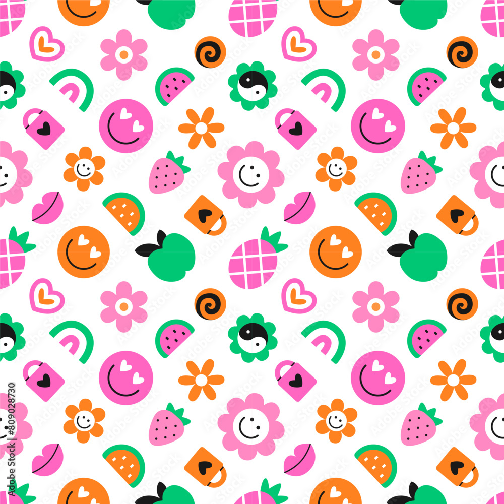 Seamless pattern of vintage plastic beads. Nostalgic 90s retro style hand drawn flowers, fruits and lips background. EPS 10 vector backdrop.