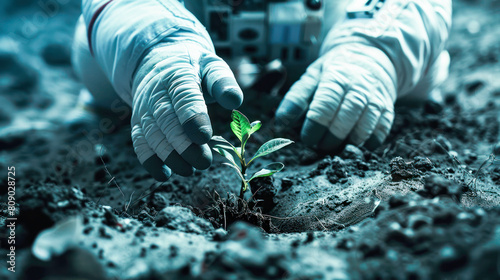 Astronaut cultivating young plant on alien soil under dim light conditions photo