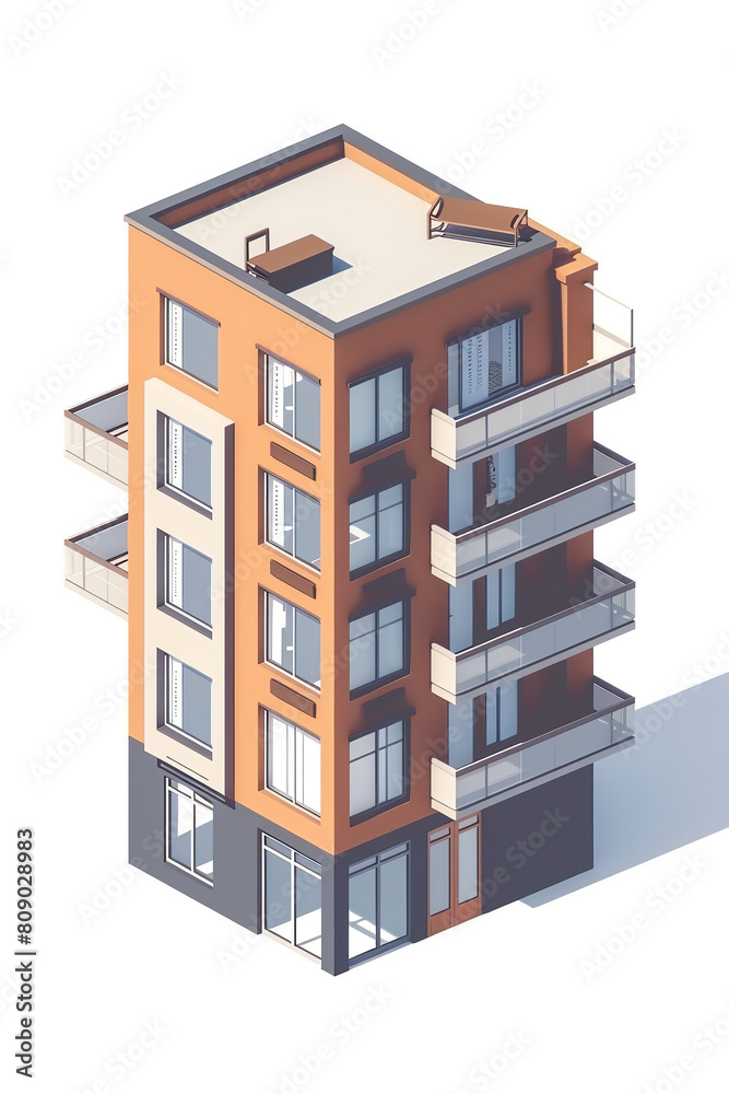 Isometric flat design side view architectural model animation Splitcomplementary color scheme