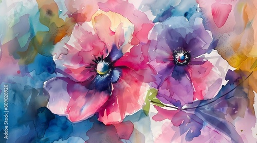 Watercolor Anemone Flowers Abstract Splash Art Vibrant Colors Painting