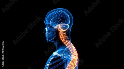A blue and glowing x ray of the human head with neck pain photo