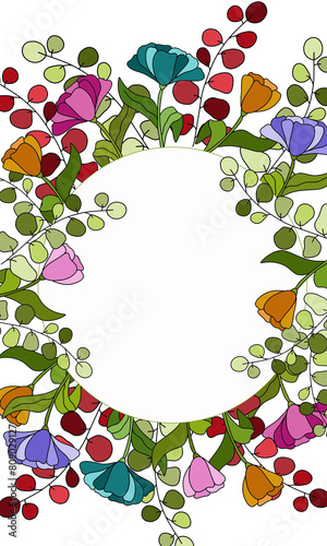 Bright greetings card with colorful flowers on white circle background, spring illustration, colored design floral pattern, holiday frame, postcard for invitations, for birthday, for congratulations
