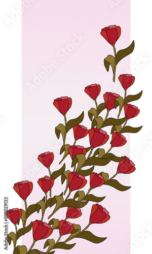 Holiday greetings card with red tulips flowers and branches, spring background, bright card, colored design floral pattern, frame, postcard for invitation, for birthday, for congratulation