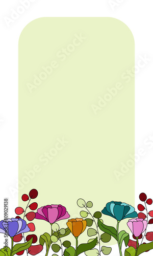 Holiday postcard with colourful spring flowers and leaves on a green background, nice greetings card, colored design floral pattern, frame, postcard for invitations, for birthday, for congratulations