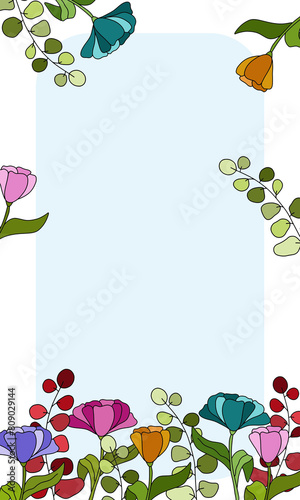 Postcard with colourful spring tulips flowers and leaves on blue background, nice greetings card, colored design floral pattern, frame, postcard for invitations, for birthday, congratulations