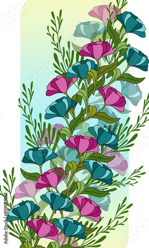 Holiday greetings card with flowers and branches, spring background, bright card, colored design floral pattern, frame, postcard for invitation, for birthday, for congratulation