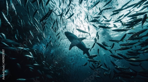 shark surrounded by fish in the sea looking for prey photo