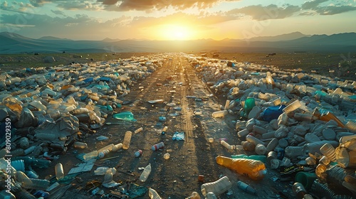 A landfill stretching to the horizon, filled with layers of compacted plastic waste photo