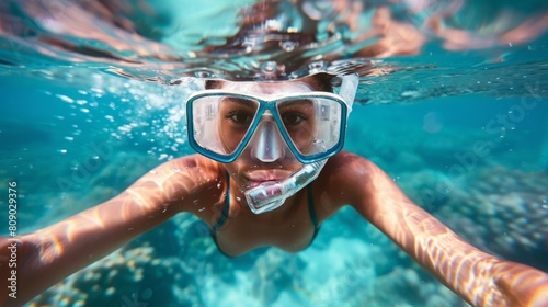 A woman in a mask and goggles swims in the ocean, with waves around her.