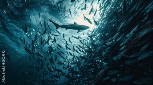 shark surrounded by fish in the sea looking for prey in high resolution photo