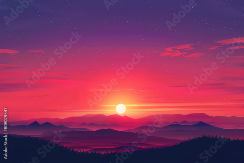 Red Sky flat design front view sunset panorama animation vivid