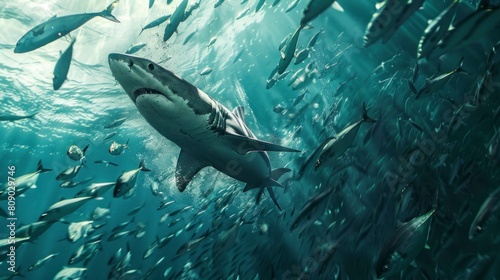 shark surrounded by fish in the sea looking for prey in high resolution and quality photo