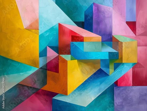 An abstract painting of geometric shapes in bright colors. The painting has a cheerful and playful feel to it. photo
