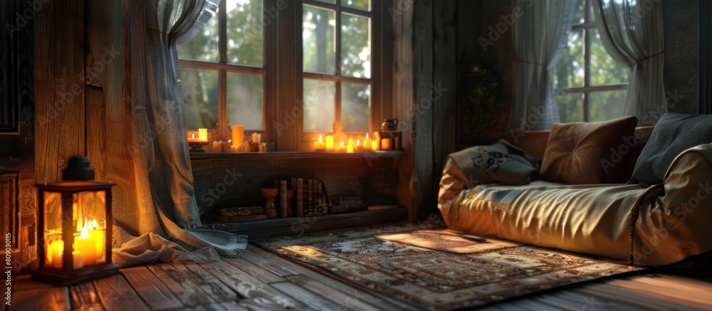Cozy Vintage Lamp Casting a Warm Amber Glow across Rustic Wooden Furniture and Textiles in Dimly