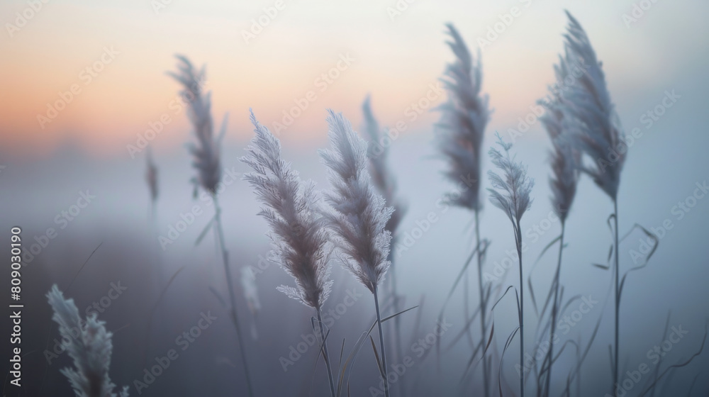 Obraz premium Delicate reeds in a misty sunrise landscape