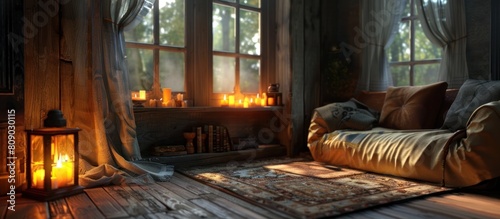 Cozy Vintage Lamp Casting a Warm Amber Glow across Rustic Wooden Furniture and Textiles in Dimly