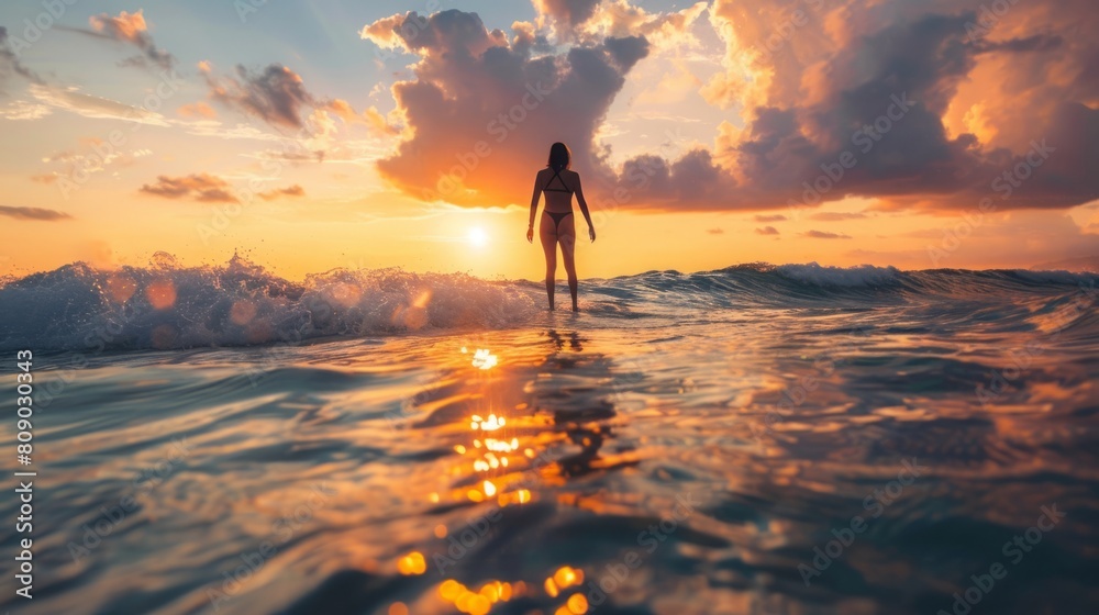 A woman stands confidently on a surfboard in the ocean as the sun sets, casting a warm glow over the water.