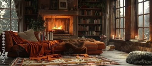 Cozy Rustic Vintage Fireplace Scene with Warm Amber Glow and Chiaroscuro Lighting in Dimly Lit Room