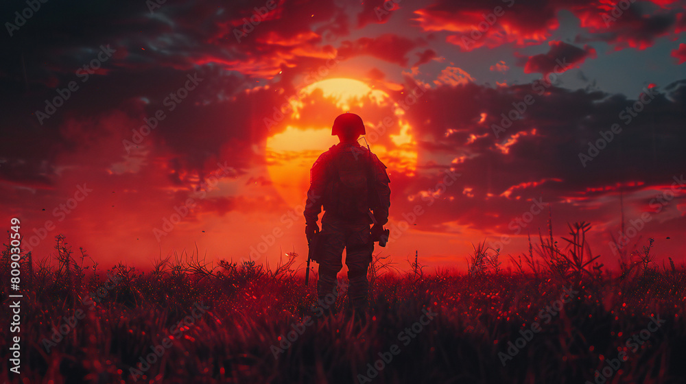 Soldier with USA Flag on Sunrise Background Soldier with USA Flag on Sunrise Background