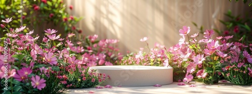 A white round podium surrounded by pink flowers and green plants, with sunlight shining on it. The background is beige.