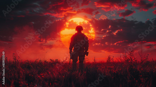 Soldier with USA Flag on Sunrise Background