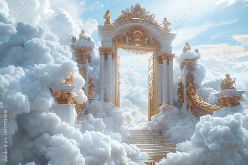"Heaven's Entrance: Clouds and Pearly Gates on Transparent Background"