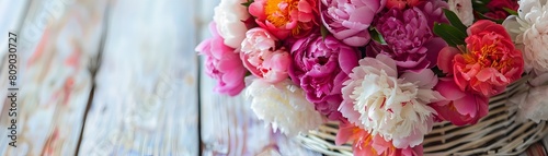 A Romantic Bouquet of Bright Peonies Nestled in a Pastel Toned Basket on a Shabby Chic Wooden Table