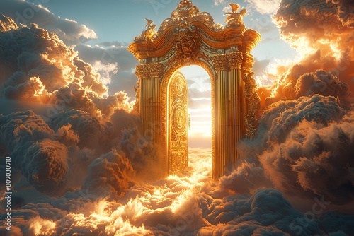 "Heaven's Entrance: Clouds and Pearly Gates on Transparent Background"