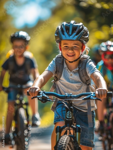 Young Girl Leading Friends on Bike Ride.