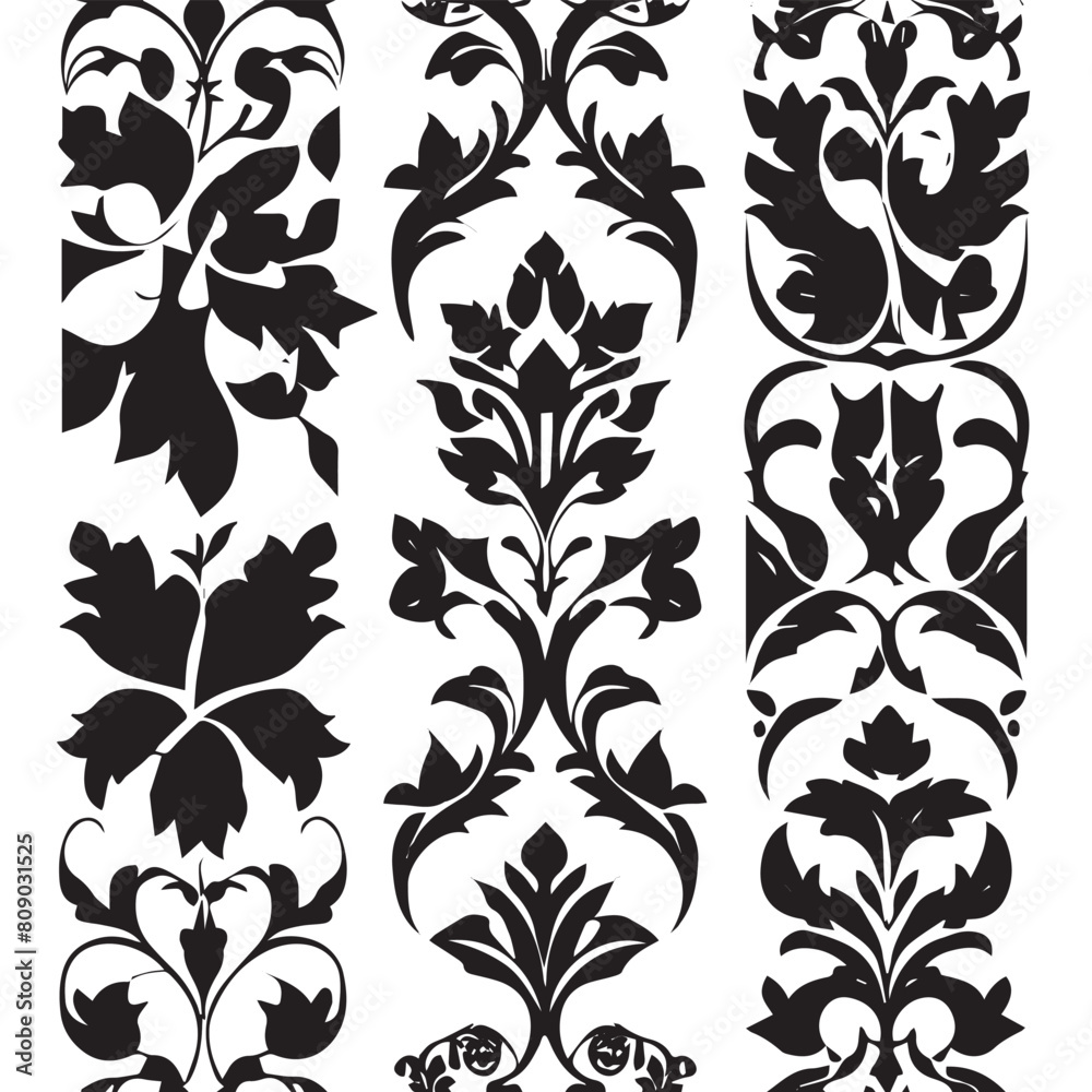 Geometric floral set of seamless patterns. White and black vector backgrounds. Damask graphic ornament
Geometric floral set of seamless patterns. White and black vector backgrounds. Damask graphic ornament