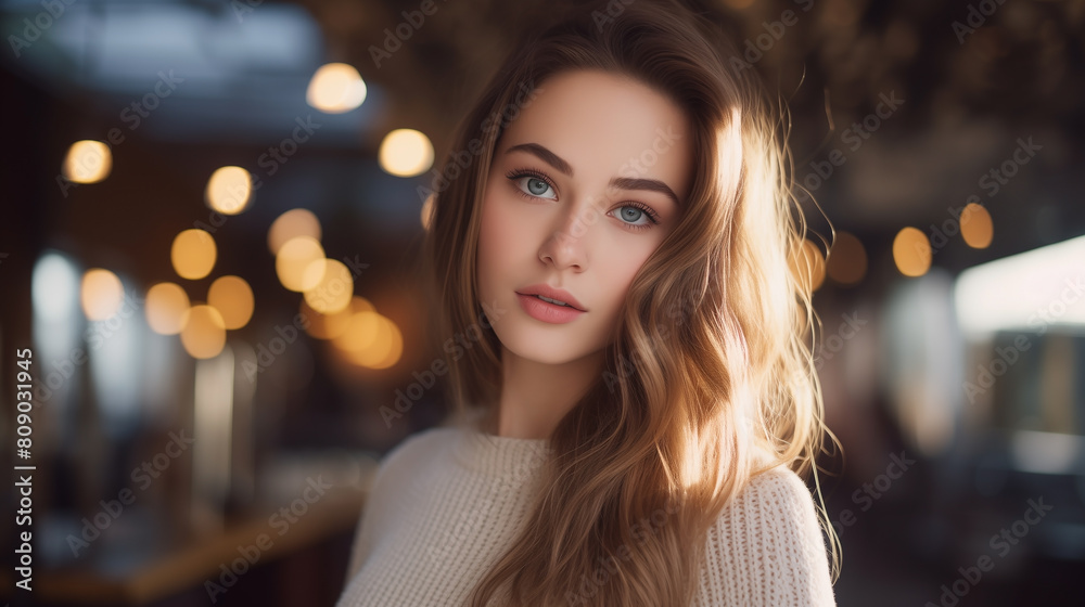 Happy adult woman, with a beaming smile, poses for a portrait as a model, radiating joy and confidence in her white attire. Beautiful face radiating with poise of confident and graceful lady.