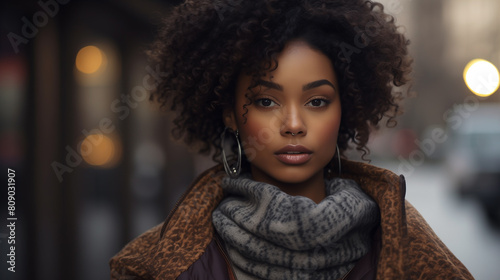 Beautiful African woman smiles for her portrait, her black hair framing her face as she exudes happiness and natural beauty. Beautiful face radiating with poise of confident and graceful lady.