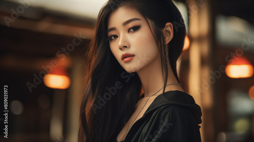 Young Asian woman with happiness, portrait capturing joy of dedicated business employee. Confident young Asian woman for portrait, beautiful face radiating with poise of confident and graceful lady.