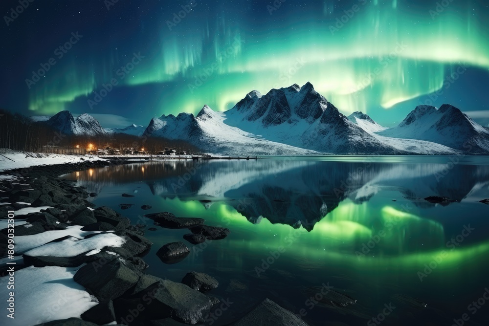 Aurora. Majestic Northern Lights Over Snow-Capped Mountains and Serene Lake. Small village.