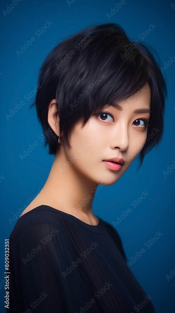 Young Asian woman with happiness, portrait capturing joy of dedicated business employee. Confident young Asian woman for portrait, beautiful face radiating with poise of confident and graceful lady.