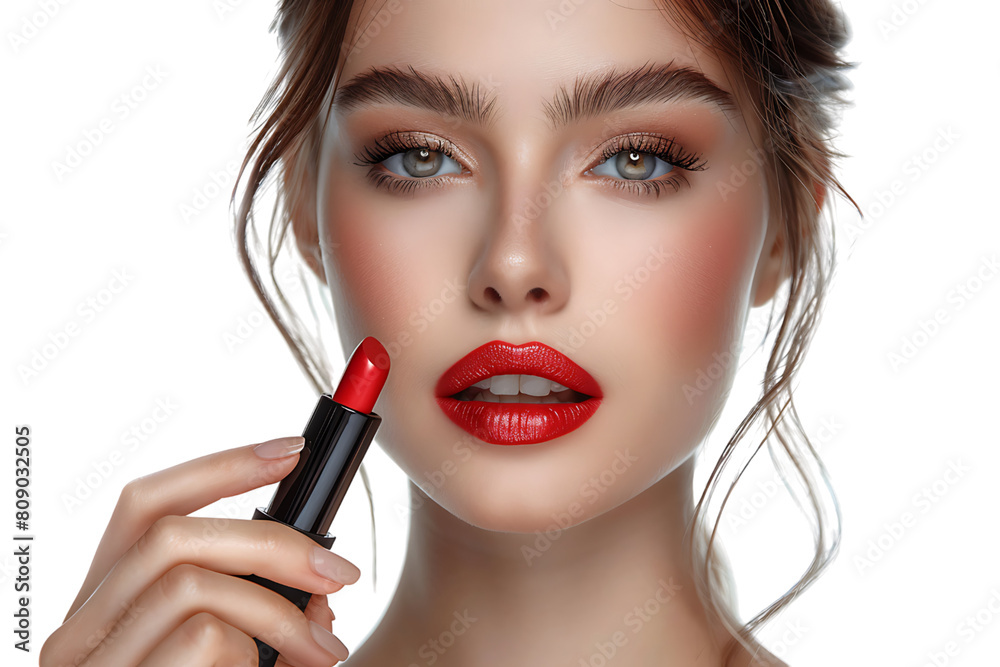 Close-up portrait of elegant woman with red lips holding lipstick on isolated transparent background Close-up portrait of elegant woman with red lips holding lipstick on isolated transparent background
