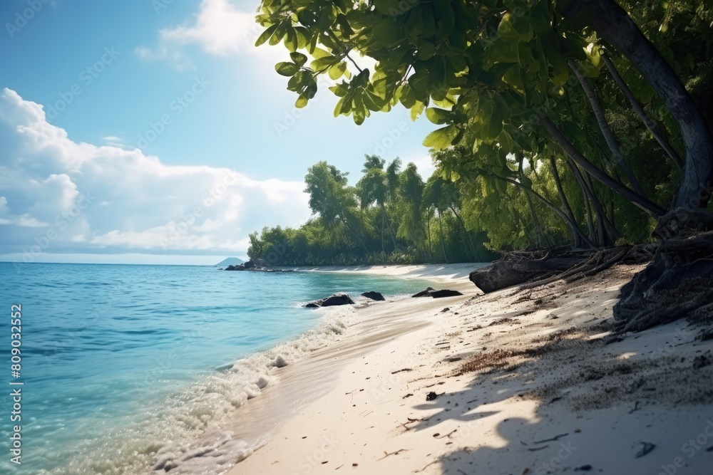 Marshall islands landscape. Serene Tropical Beach with Lush Greenery and Clear Blue Water.