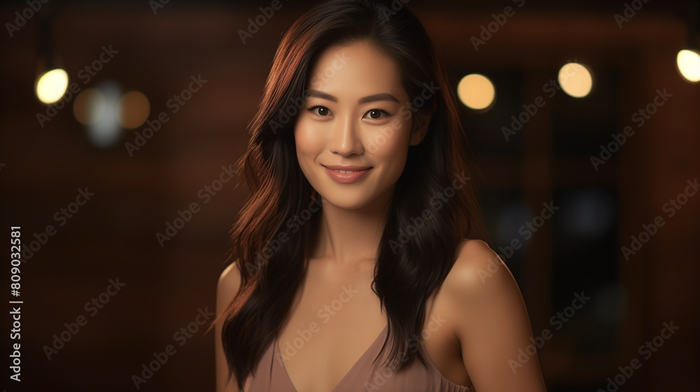 Young Asian woman with happiness, portrait capturing joy of dedicated business employee. Confident young Asian woman for portrait, beautiful face radiating with poise of confident and graceful lady.