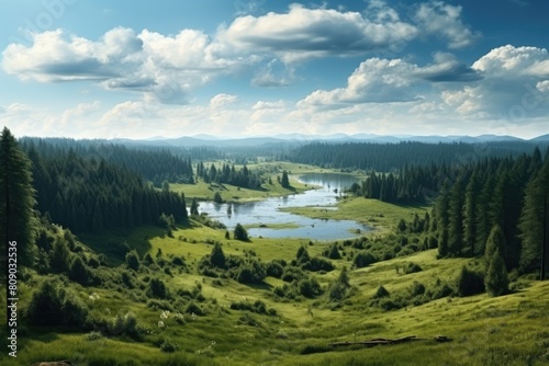 Lithuania landscape. Tranquil Green Valley with River, Verdant Forests, and Sunny Sky.