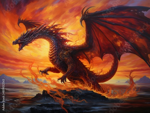 Dragon flying in the sunset - 3D rendered illustration of a dragon