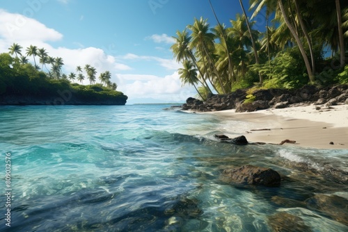 Marshall islands landscape. Tranquil Tropical Beach Paradise with Clear Blue Waters and Lush Greenery.
