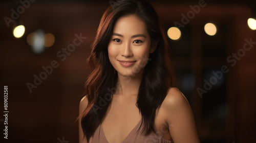 Young Asian woman with happiness, portrait capturing joy of dedicated business employee. Confident young Asian woman for portrait, beautiful face radiating with poise of confident and graceful lady. © AK528