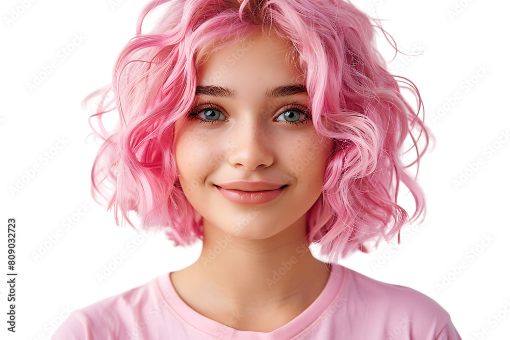 Close-up portrait of young girl wearing pink wig and shirt on isolated transparent background