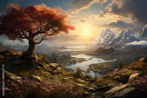 United Kingdom landscape. Majestic Sunset Over Serene Mountain Lake with Flourishing Red Tree.